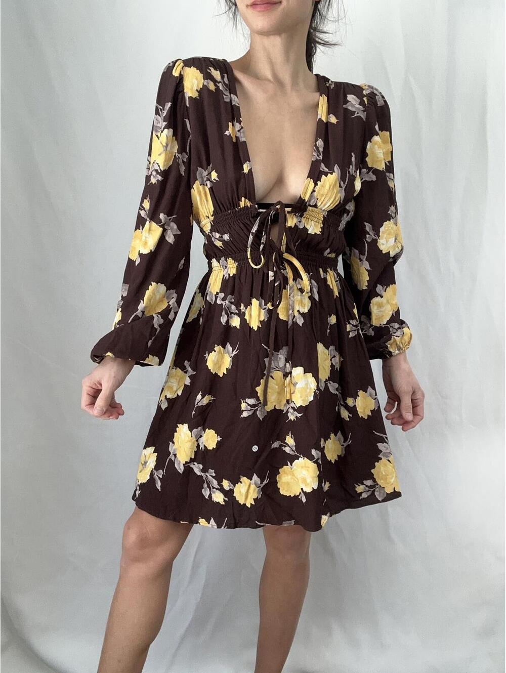 Where are you from brown yellow Floral Long Sleeve Dress size xs NWT